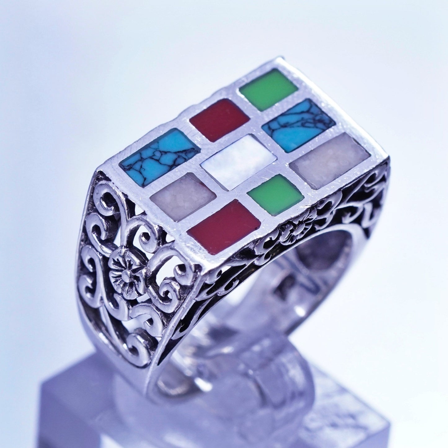 Size 9, vtg Sterling 925 silver handmade ring mother of pearl turquoise onyx