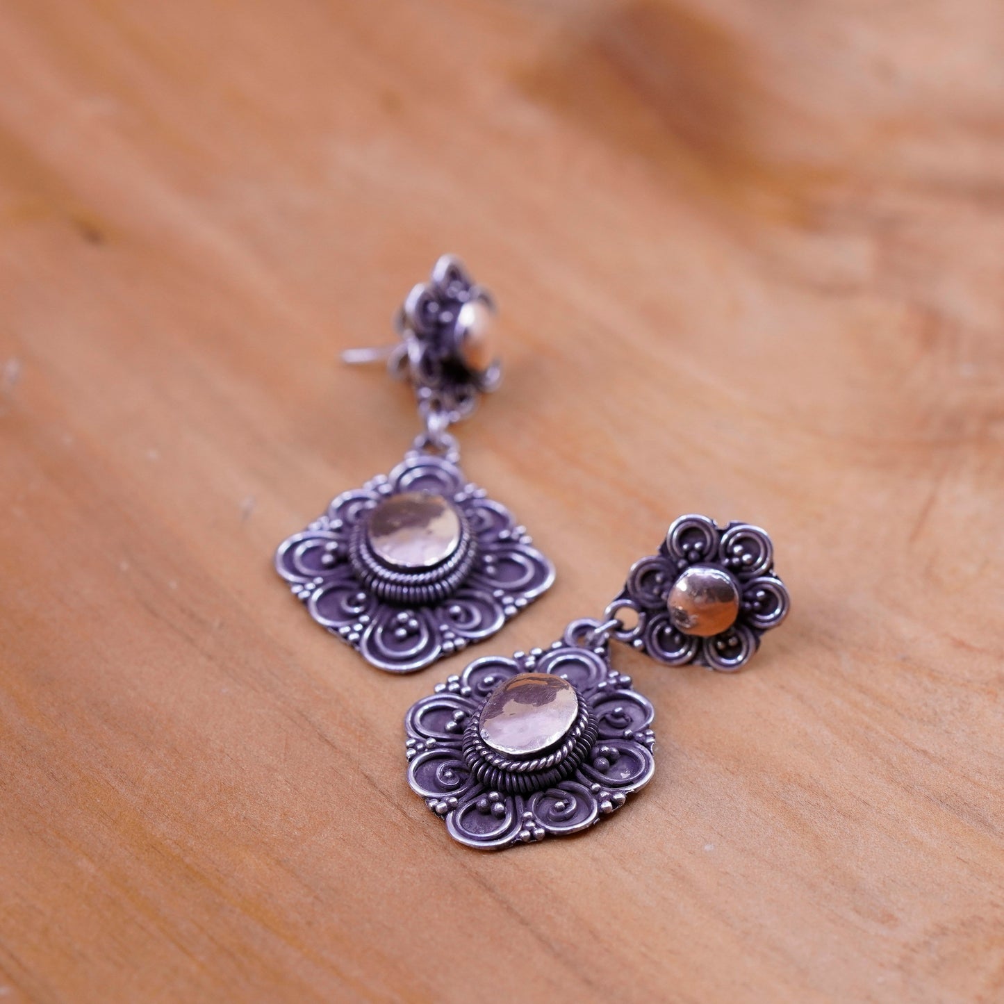 Two tone handmade sterling silver earrings, 925 floral dangle 14K accent beads