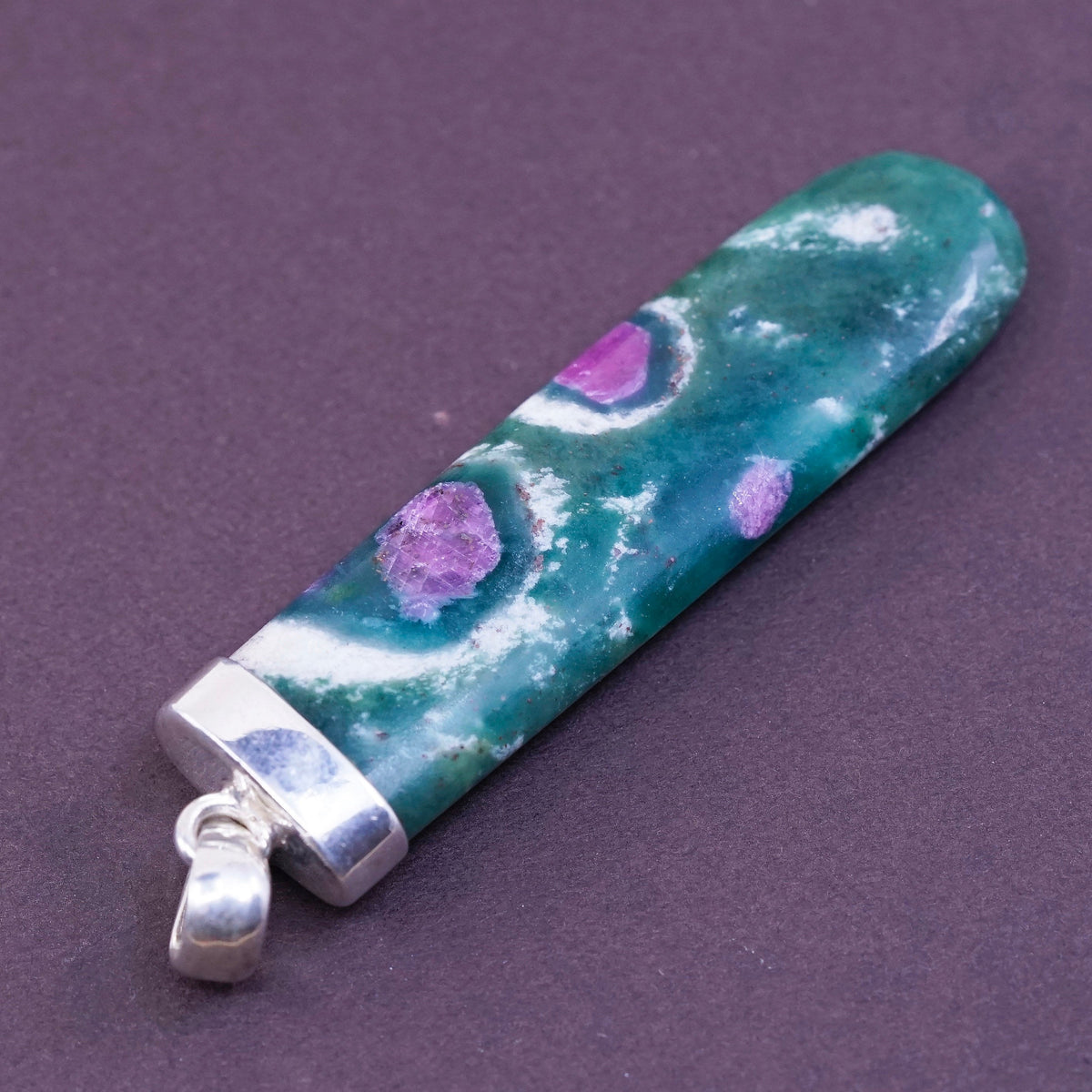 Vintage Sterling 925 silver handmade pendant with long green and purple jade