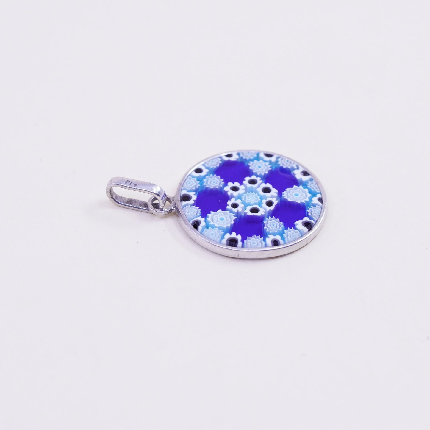 Italy sterling 925 silver handmade artisan blue murano floral glass pendant