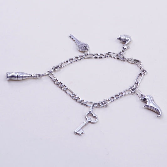 6.75”, beau sterling 950 silver figaro chain bracelet Shoe key coke swan charms