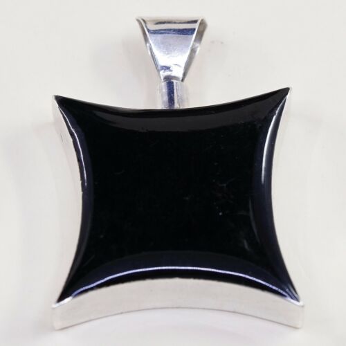 Vtg Mexico Modern Sterling Silver Handmade Pendant 925 W/ Obsidian, stamped 925