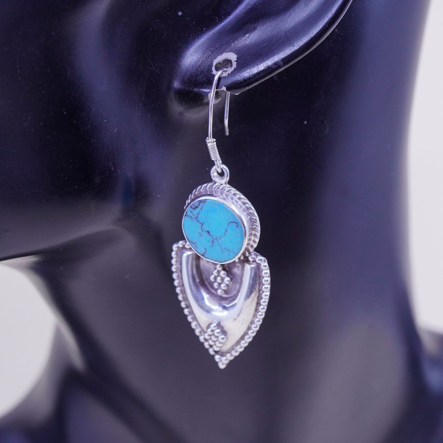 Vintage Sterling 925 silver handmade earrings, with round turquoise and beads