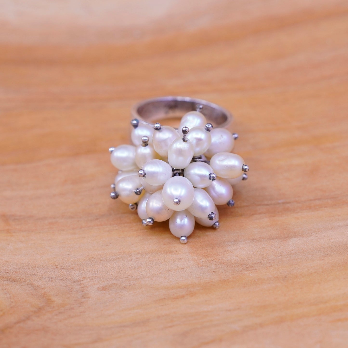 Size 7.25, vintage Sterling 925 silver handmade ring with cluster pearl