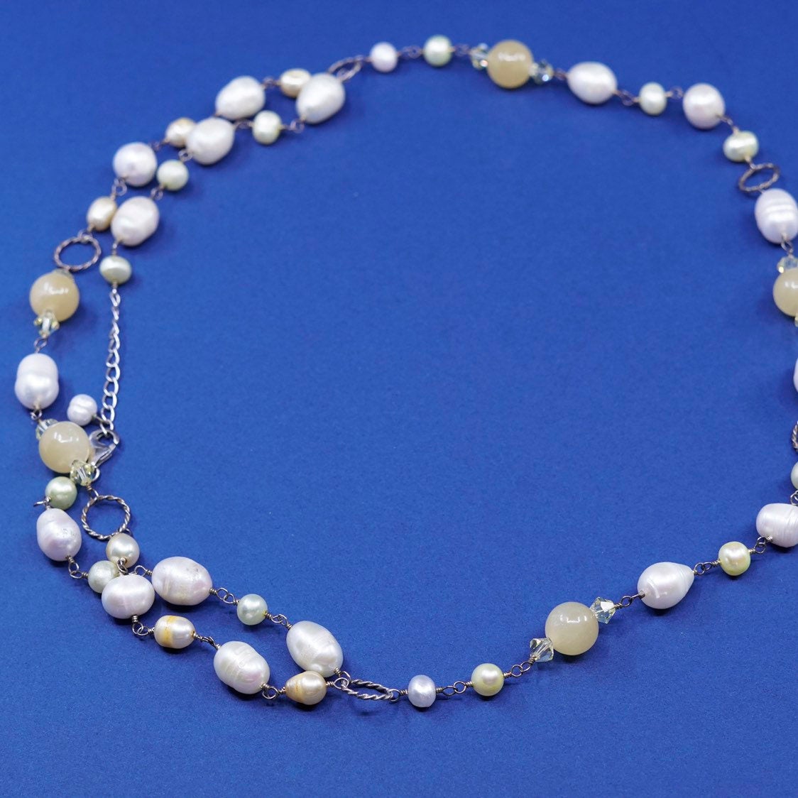 18"+2”, vtg Sterling silver handmade necklace, 925 circle chain w/ pearl beads