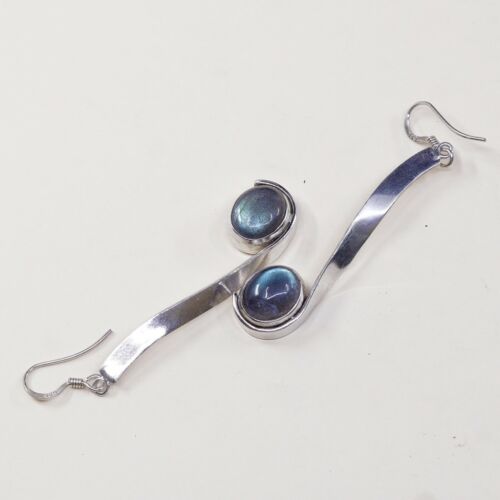Vtg Modern handmade Sterling 925 Silver earrings, Oval Labradorite Dangles