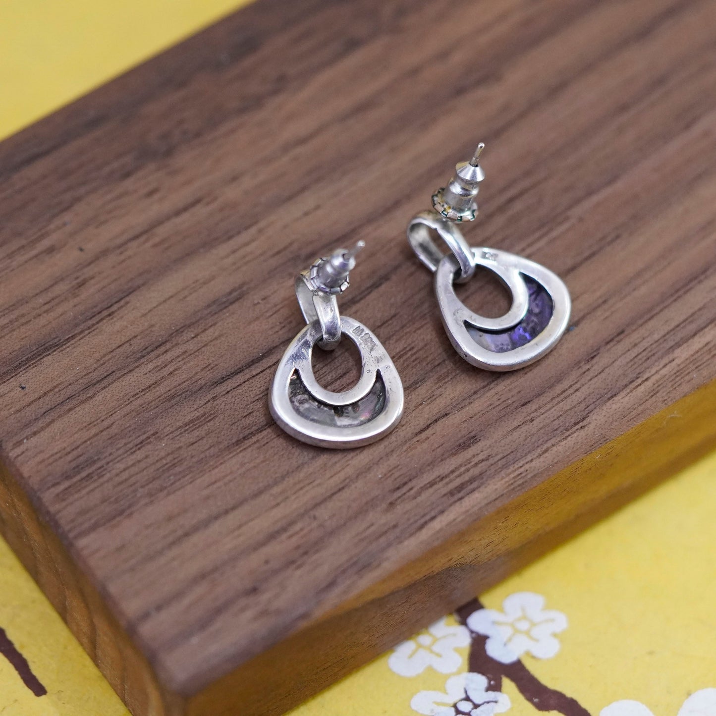 Vintage Sterling 925 silver handmade earrings with teardrop abalone