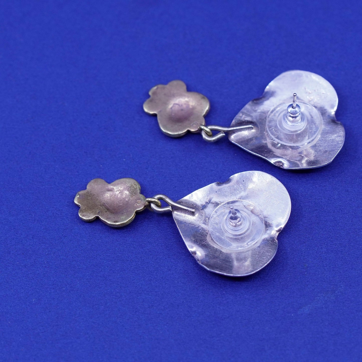 two tone Sterling silver handmade earrings, 925 heart studs brass trim dangle