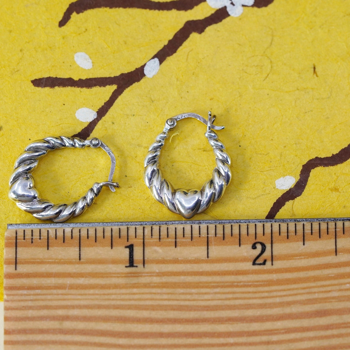 0.75”, vintage Sterling silver handmade earrings, ribbed hoops with heart