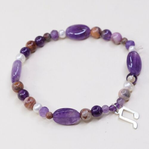 7”, Vtg Amethyst Elastic Bracelet W/ Pearl Beads N Sterling 925 Music Symbol