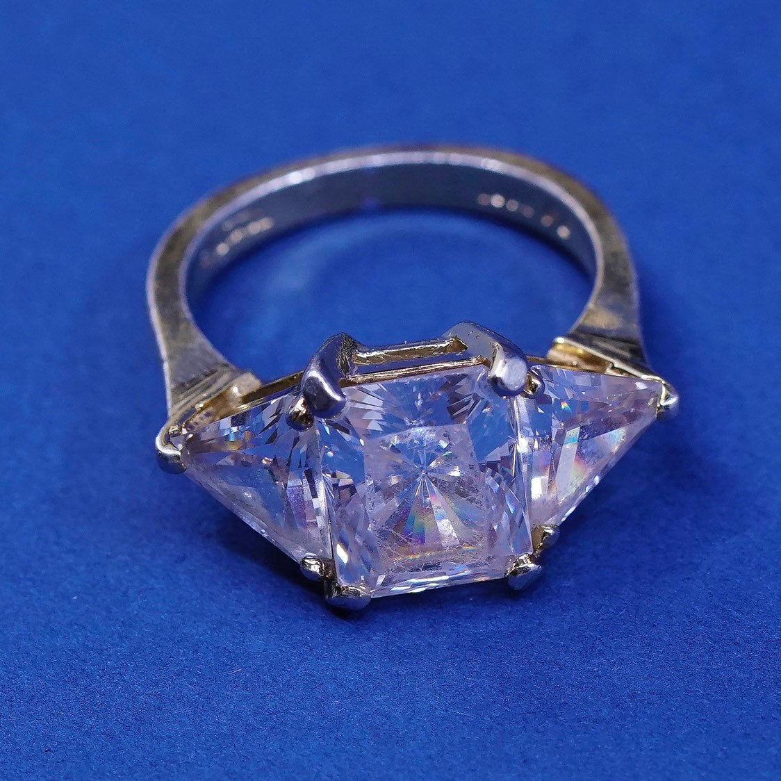 sz 6.25, vtg Vermeil Sterling silver engagement ring, gold over 925 w/ Cz