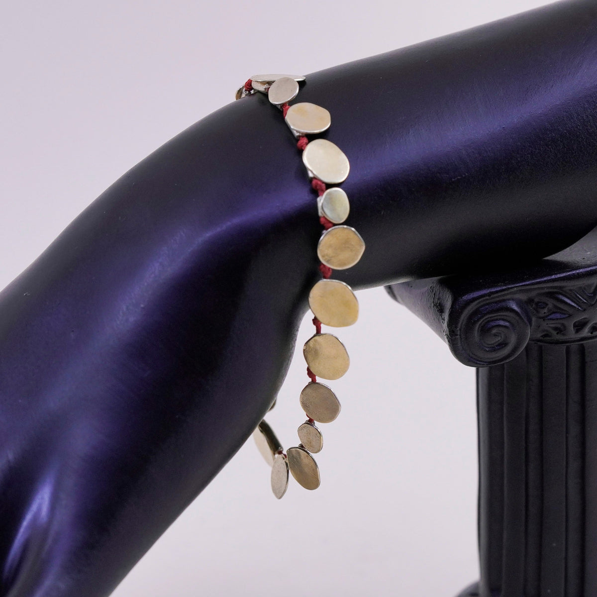 7.25”, vintage gold over Sterling 925 silver bracelet, red linen thread discs