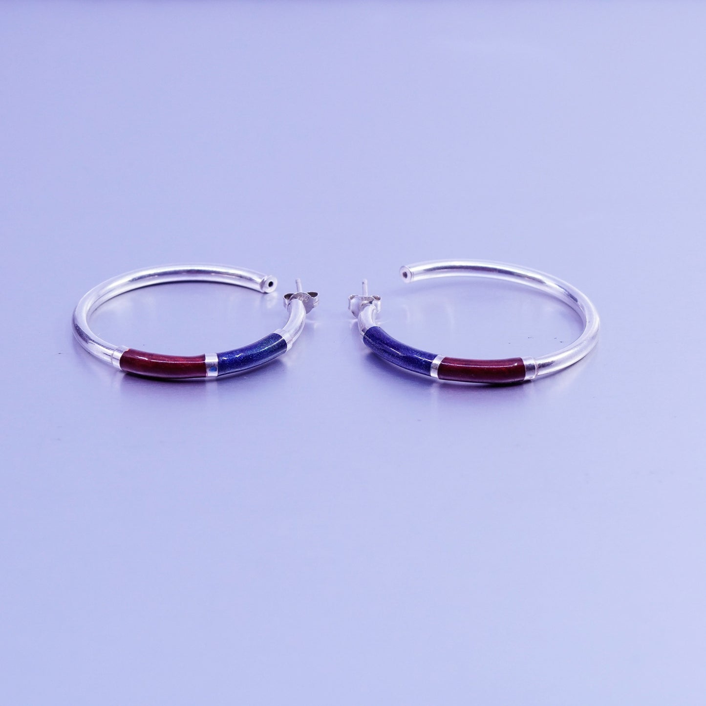 1.5”, vintage Italy Sterling silver handmade earrings, bold 925 hoops w/ enamel