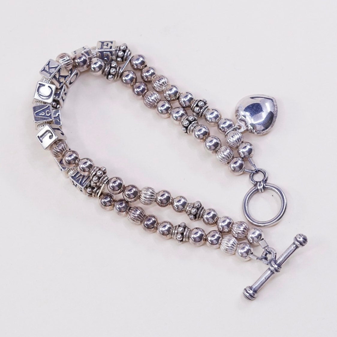 6", sterling silver handmade bracelet 925 double strands beads w mary rose jack