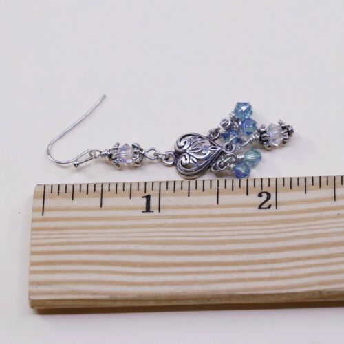 Sterling Silver Handmade Earrings, 925 Silver Filigree Heart W/ Green Crystal