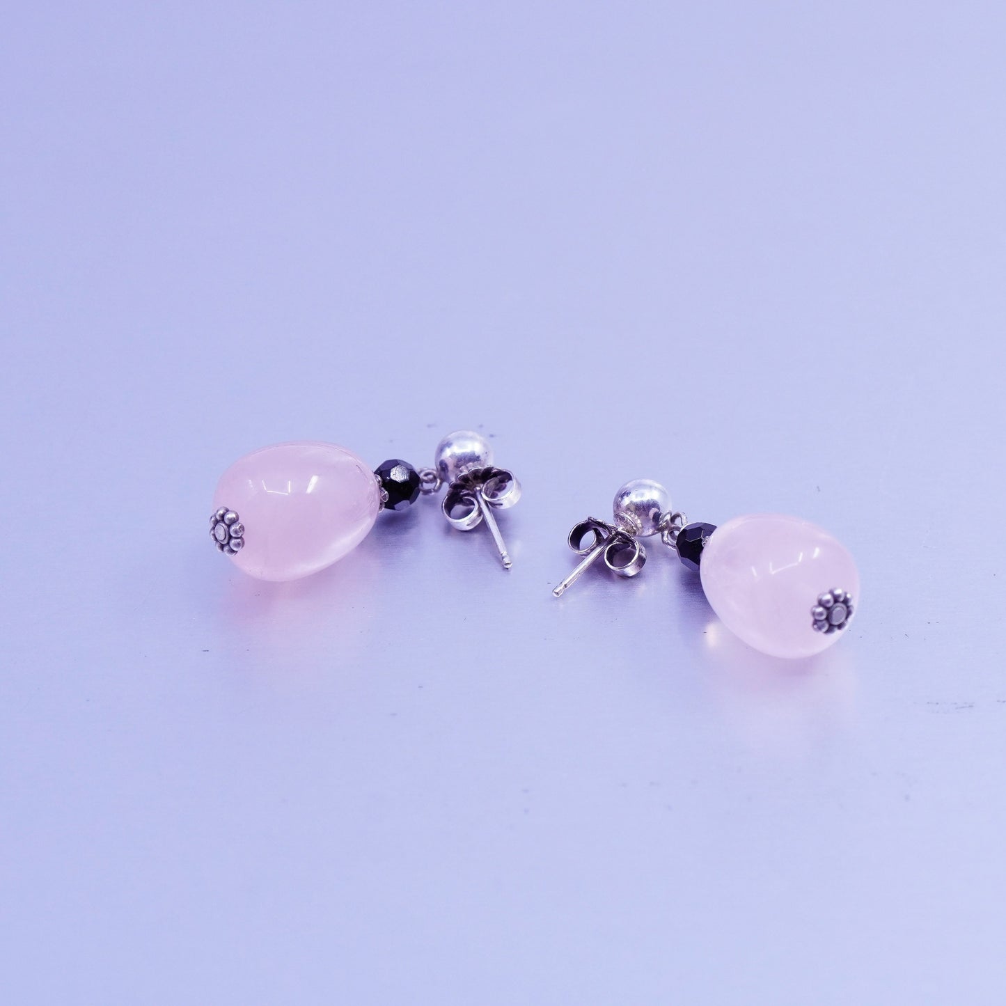 Vintage Sterling 925 silver handmade earrings with pink rose quartz