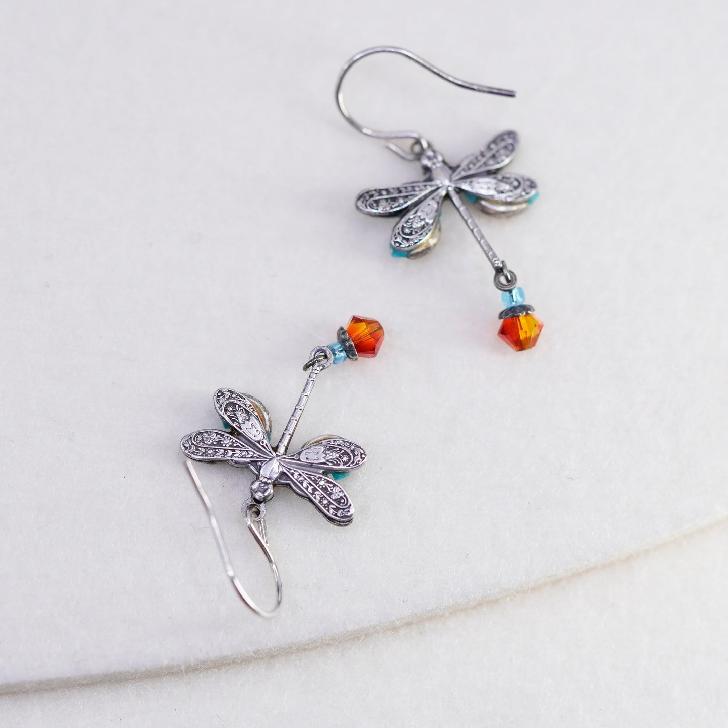 Vintage Sterling 925 silver handmade dragonfly earrings with dangles