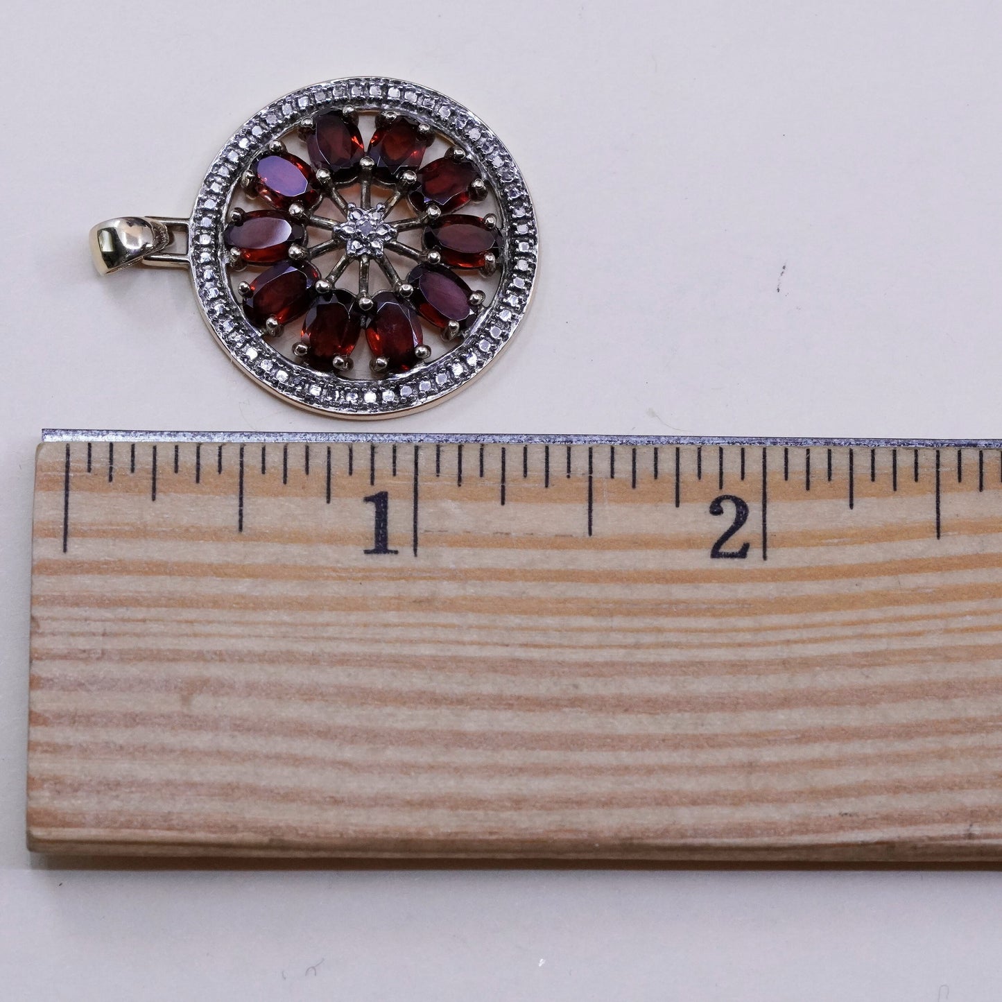 Vintage Sterling 925 silver handmade circle pendant with ruby and diamond