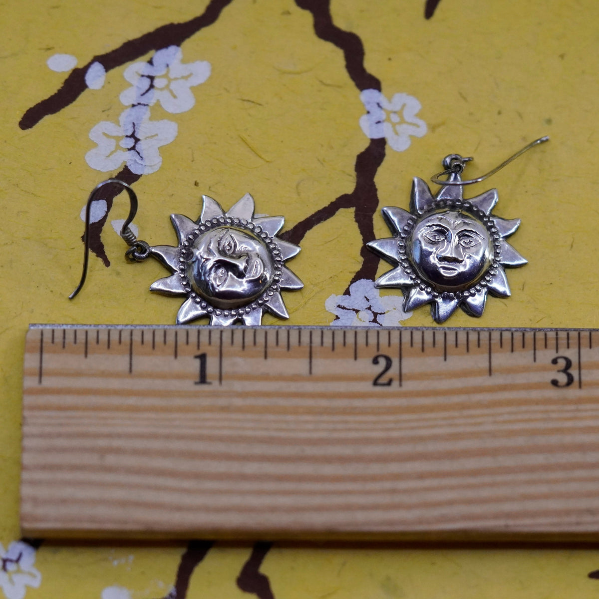 Vintage Sterling silver handmade earrings, 925 Sun face drops