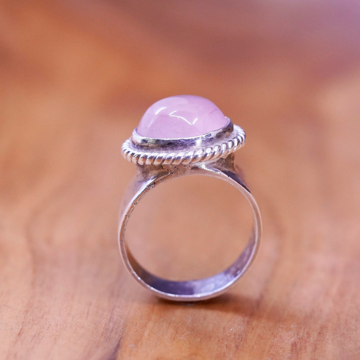Size 6, Sterling 925 silver handmade ring round rose pink Quartz and cable
