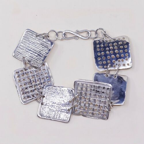7”, Vintage Sterling Silver Handmade Bracelet, 925 Hammered Square Cookie Link