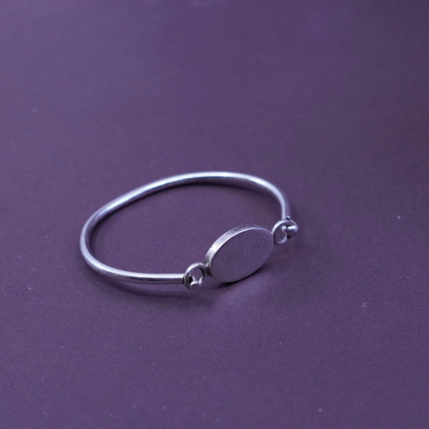 6”, antique Judith jack sterling silver bracelet, 925 bangle w/ name tag “Hayle