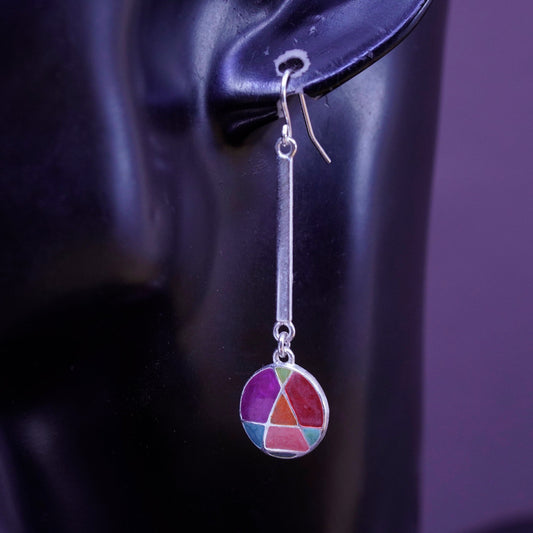 Vintage Sterling 925 silver handmade earrings with colorful gemstone inlay