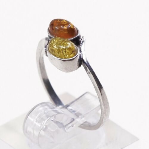 Sz 6.75, Orangle Amber Cabochon Sterling Silver Solitaire Ring, Silver Tested