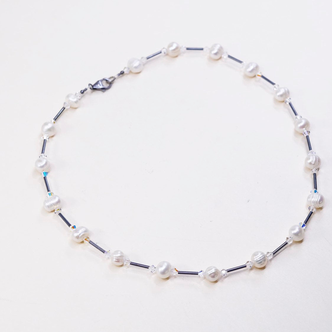18”, vtg handmade Sterling silver bar link chain with pearl beads details