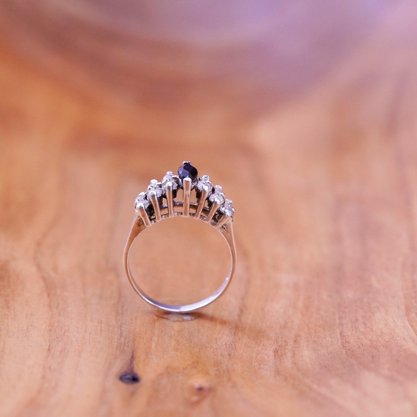 Size 4.75, Vintage Sterling 925 silver handmade ring with obsidian and cz