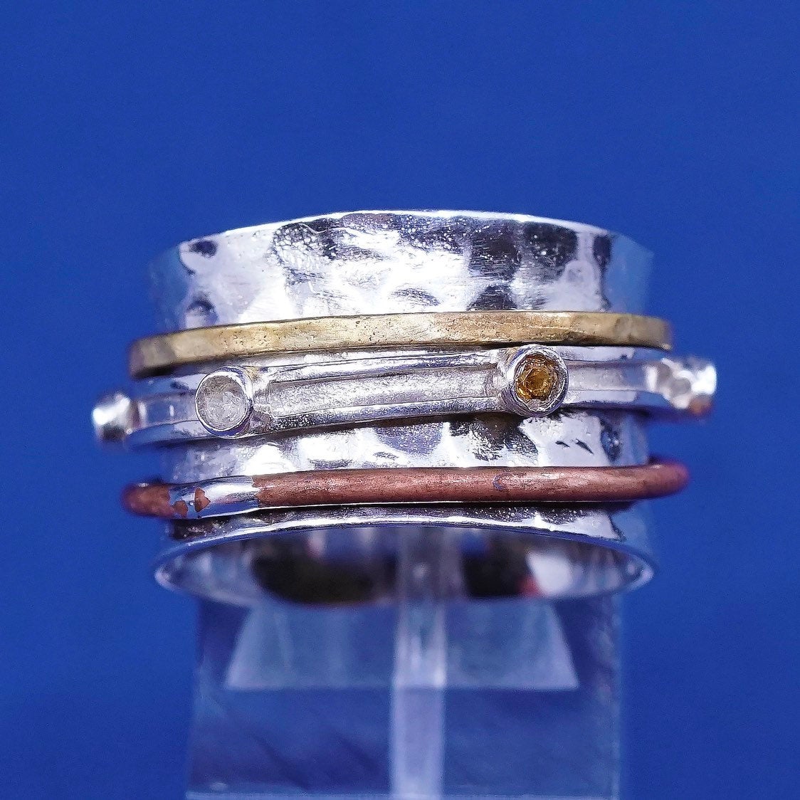 sz 8, vtg triple Tone sterling silver hammered band, 925 spinner ring