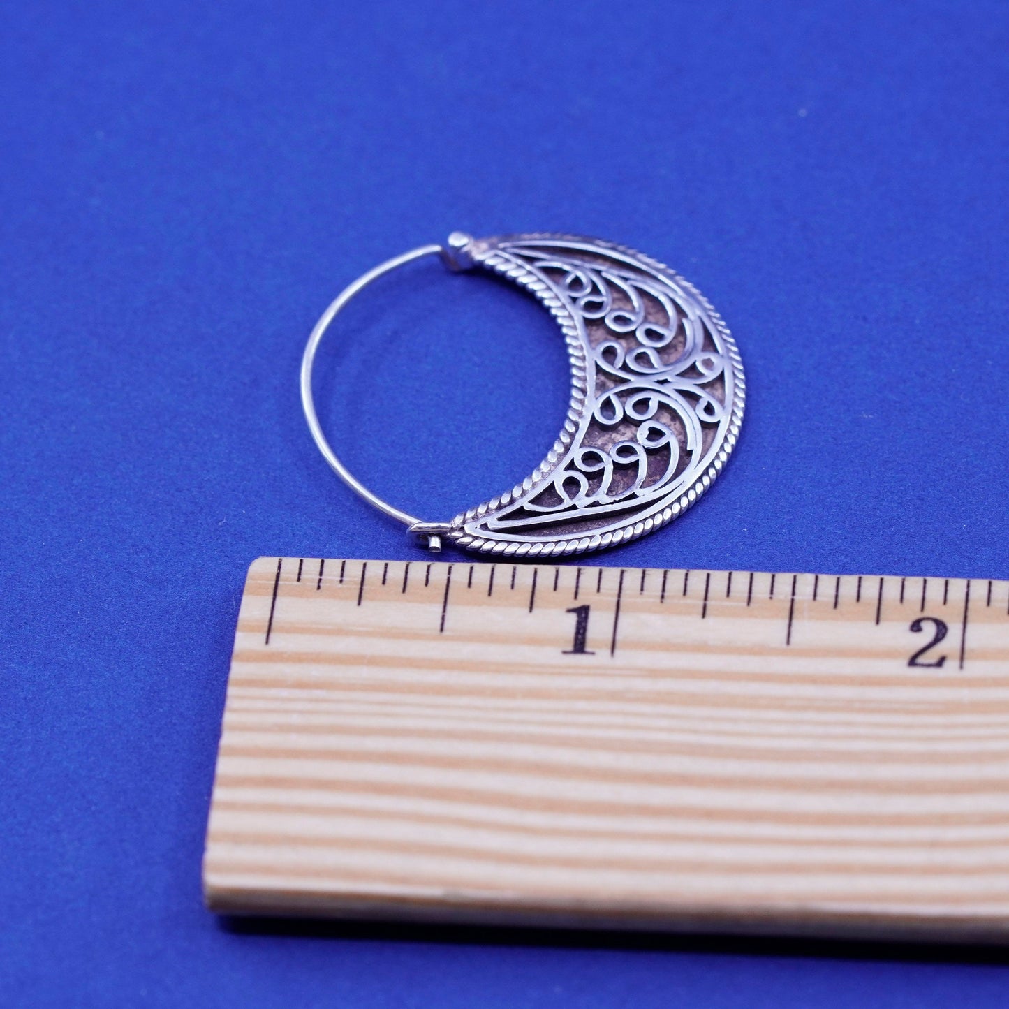 1.25”, Vintage Sterling silver handmade earrings, filigree 925 hoops