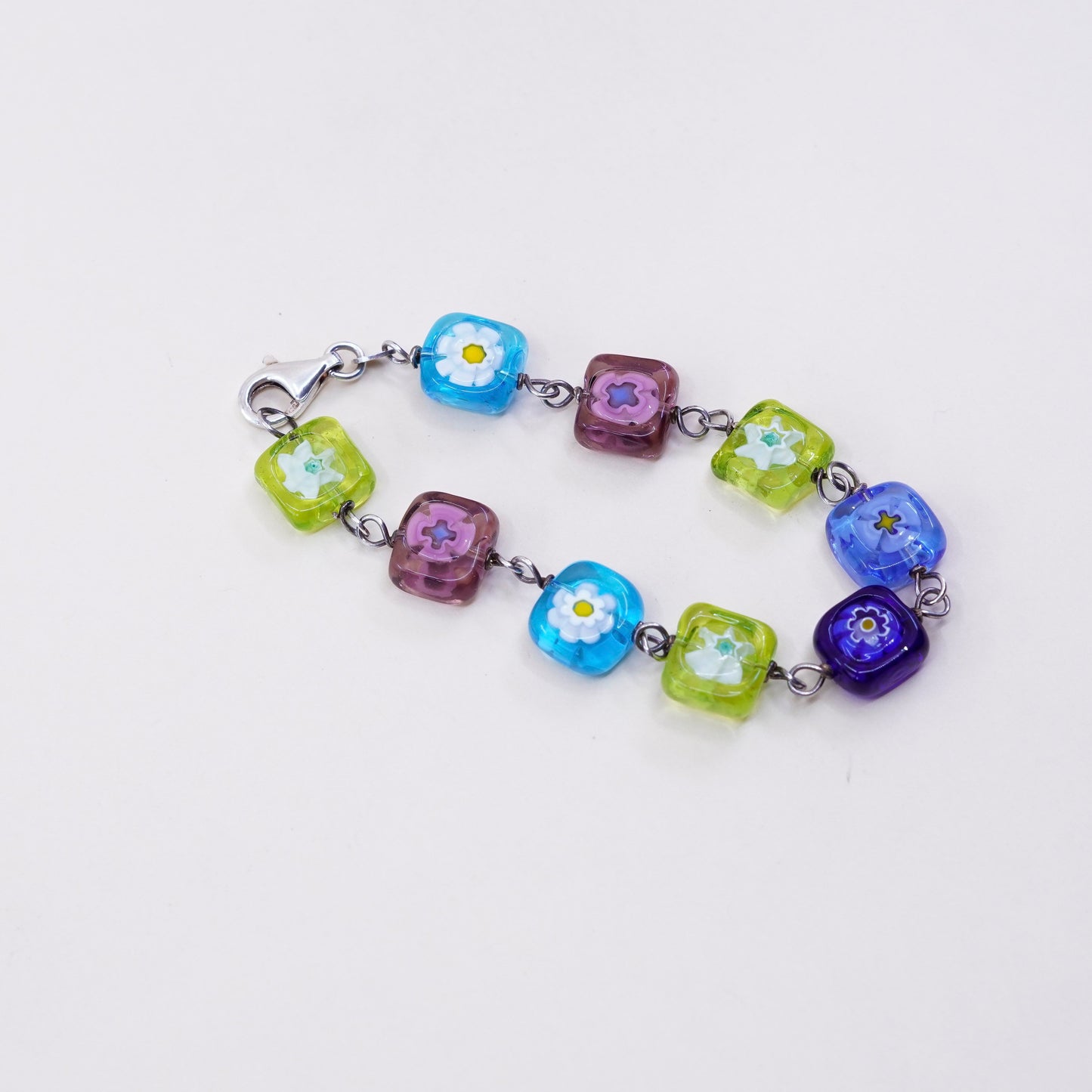 7”, Italy 925 Sterling 925 silver beads bracelet w/ artisan Murano glass