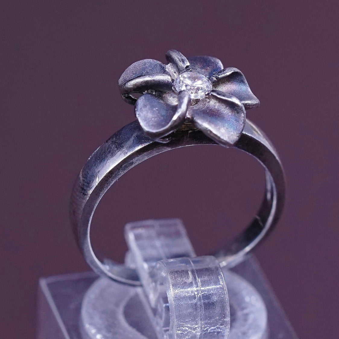 sz 5, vtg Sterling silver flower ring, modern 925 w/ Cz
