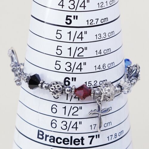 6”, Vtg Sterling Silver Handmade Bracelet 925 Bali W/ Swarovski Crystal Beads