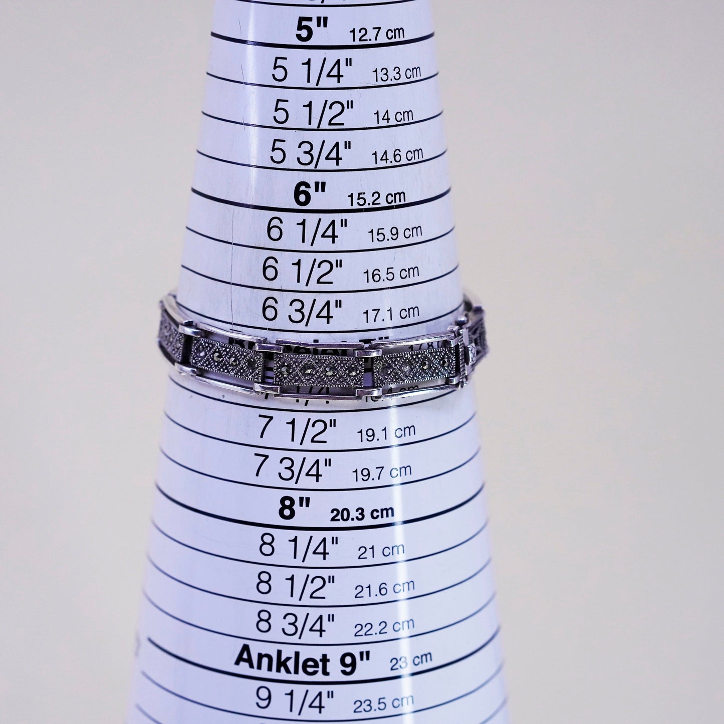 7”, vintage DBJ Sterling 925 Silver, elongated chain, tennis Bracelet marcasite