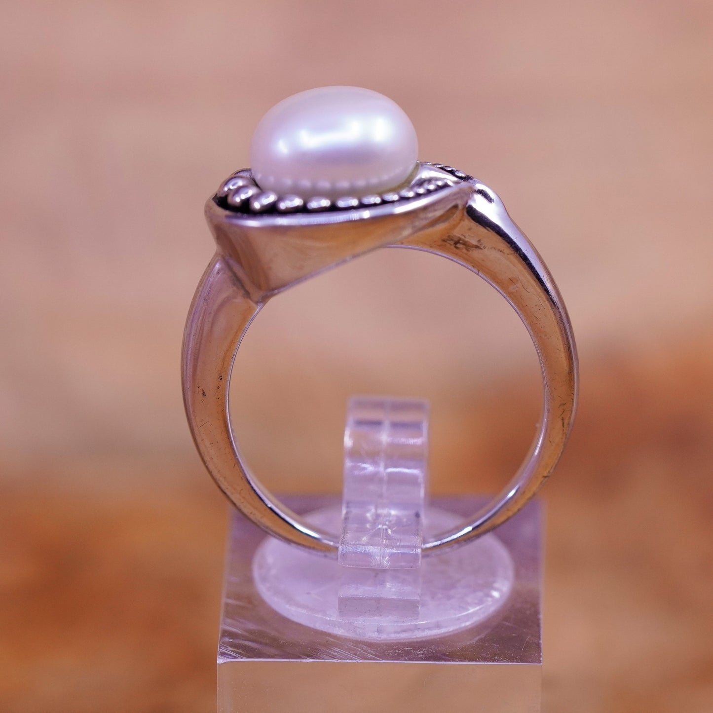 Size 8.25, vintage Sterling 925 silver handmade ring w/ freshwater pearl beads