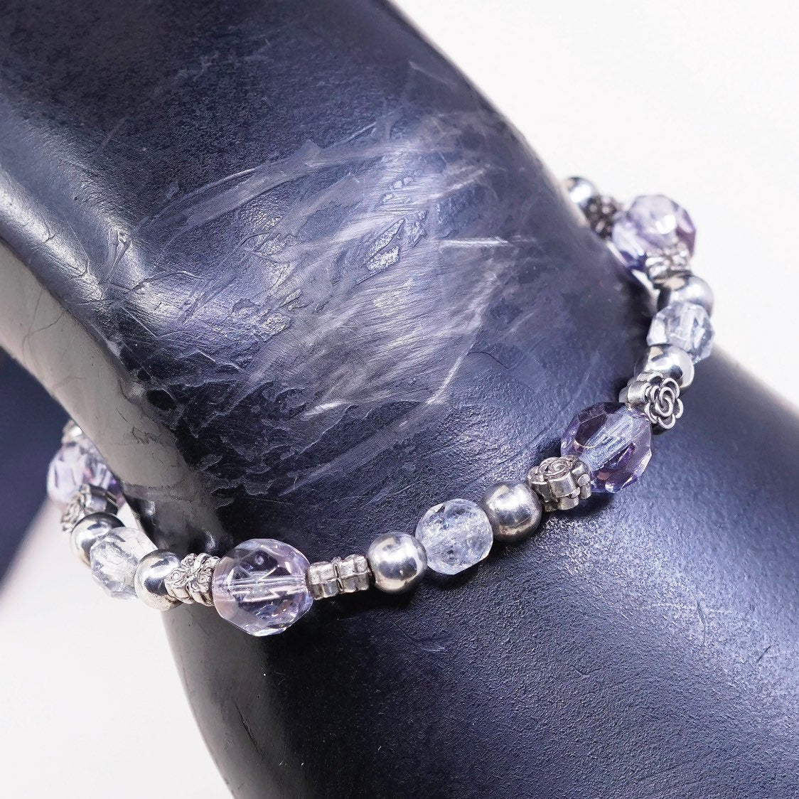 7.25”, VTG sterling silver handmade bracelet, 925 beads w/ crystal beads
