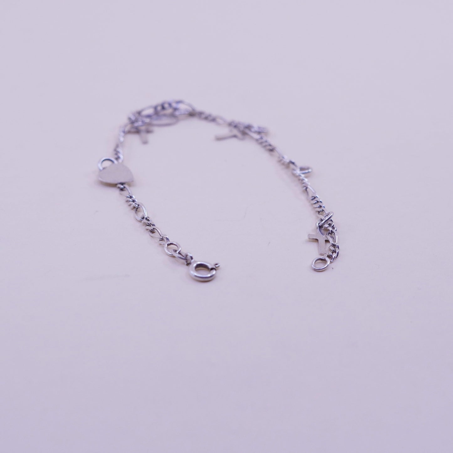 7”, Vintage sterling silver heart bracelet, 925 figaro chain heart cross charms