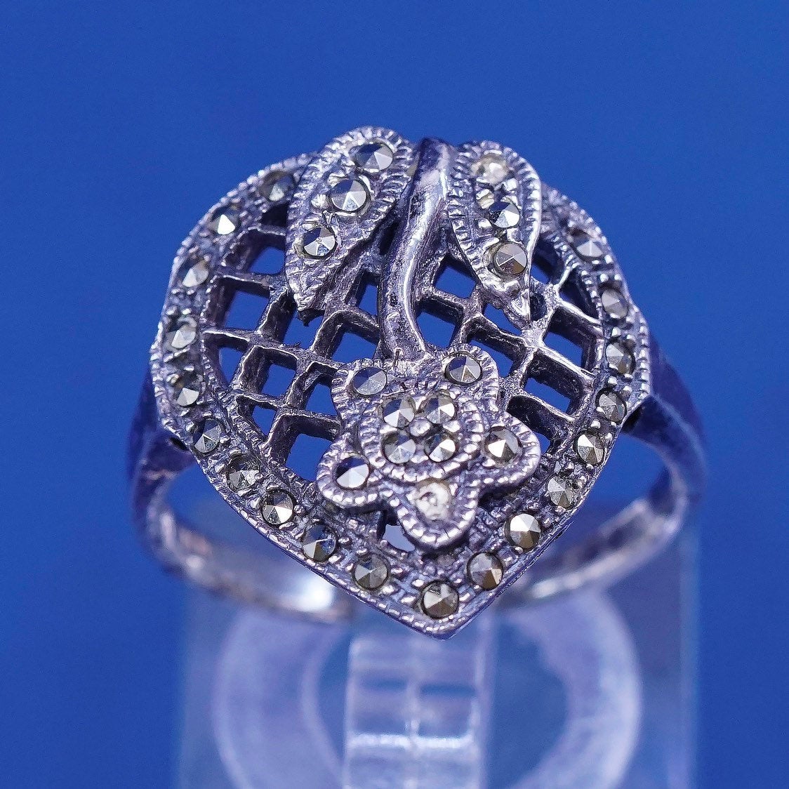 sz 8.25, vtg Sterling silver handmade ring, 925 flower w/ marcasite