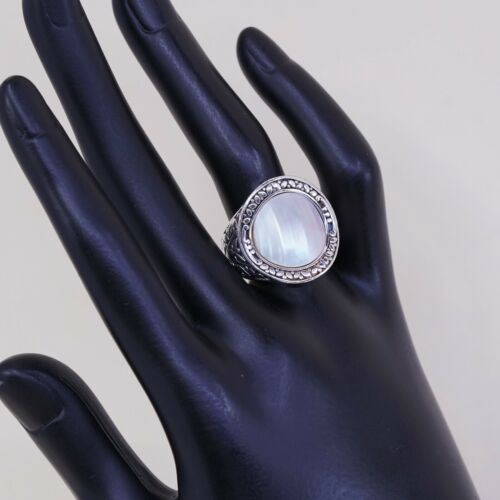 Sz 7.5, Vtg CNA Indonesia Sterling Silver Handmade Cocktail Ring w/ Mop N Bali