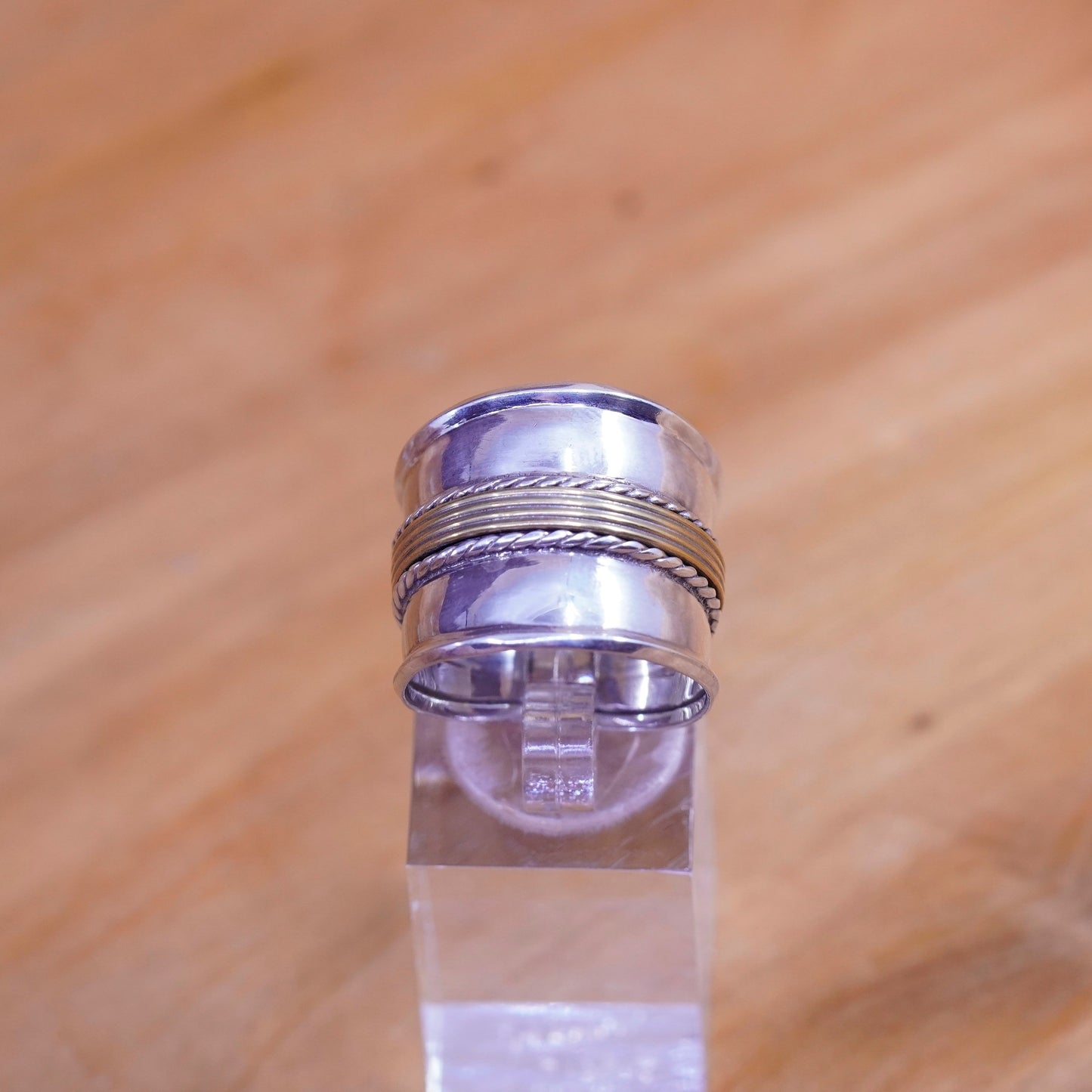 Size 9.5, vintage two tone Sterling silver handmade ring, wide 925 band brass