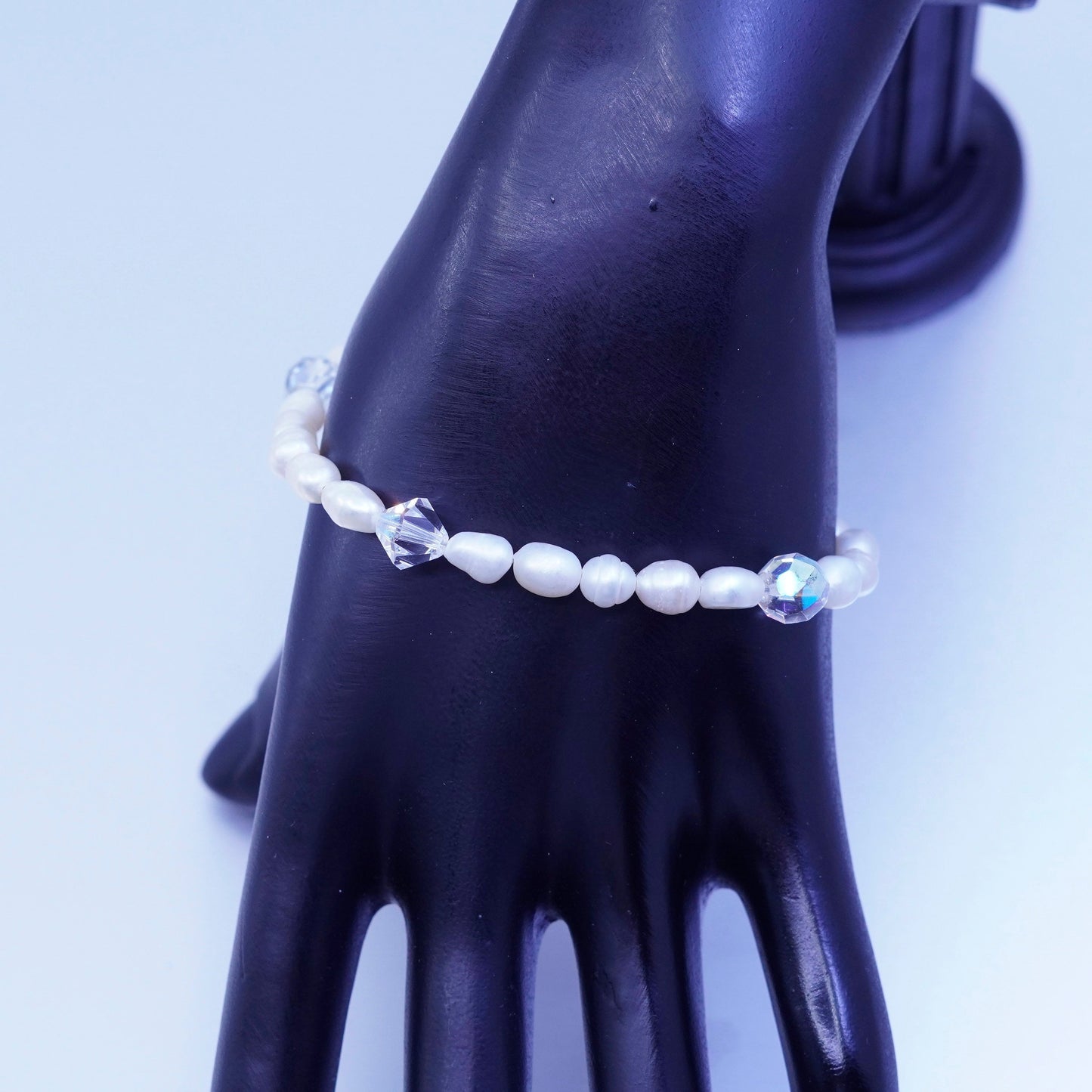 7.25”, vintage Sterling 925 silver bracelet with freshwater pearl and crystal