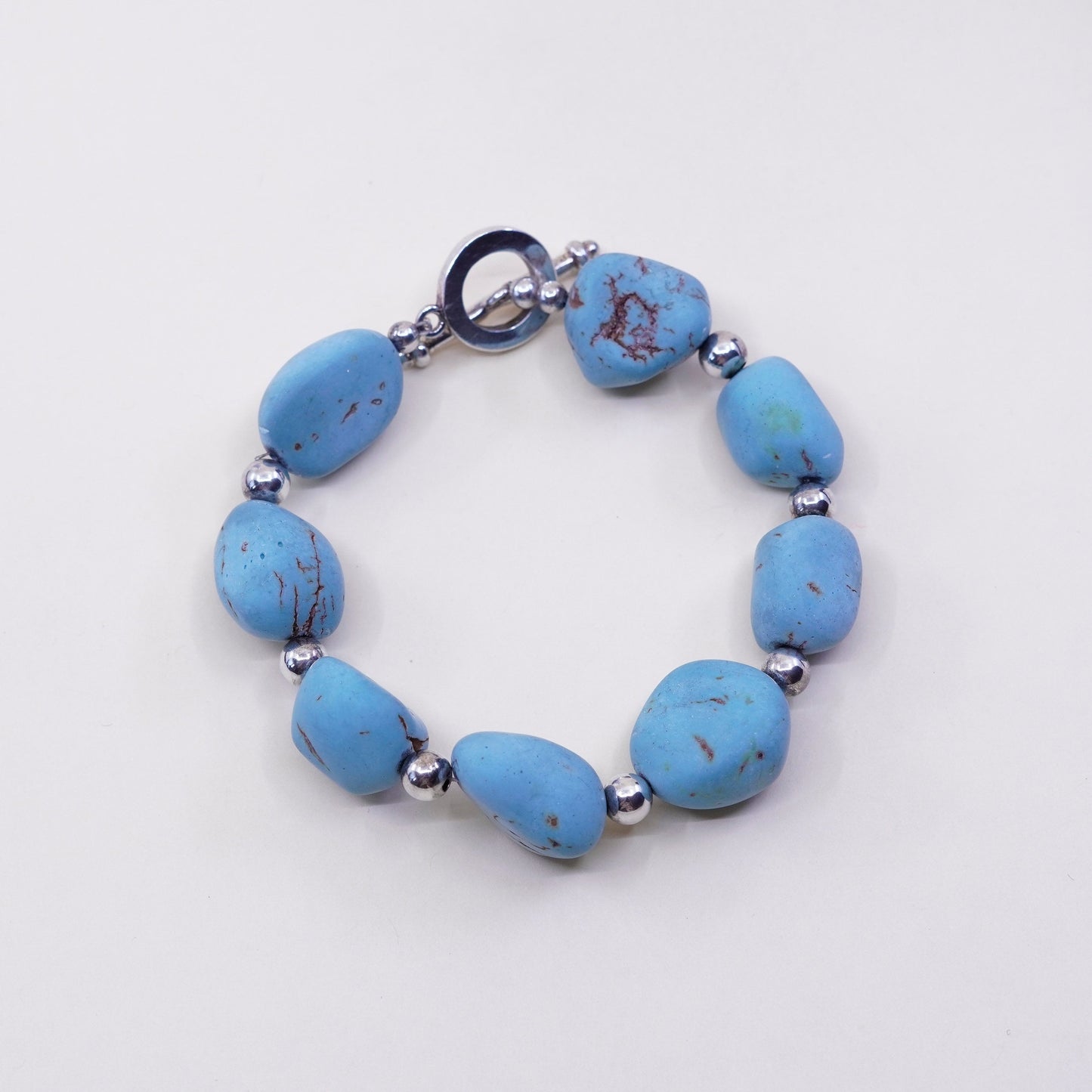 6.75”, Vintage Sterling 925 silver handmade bracelet, Mexico turquoise nugget