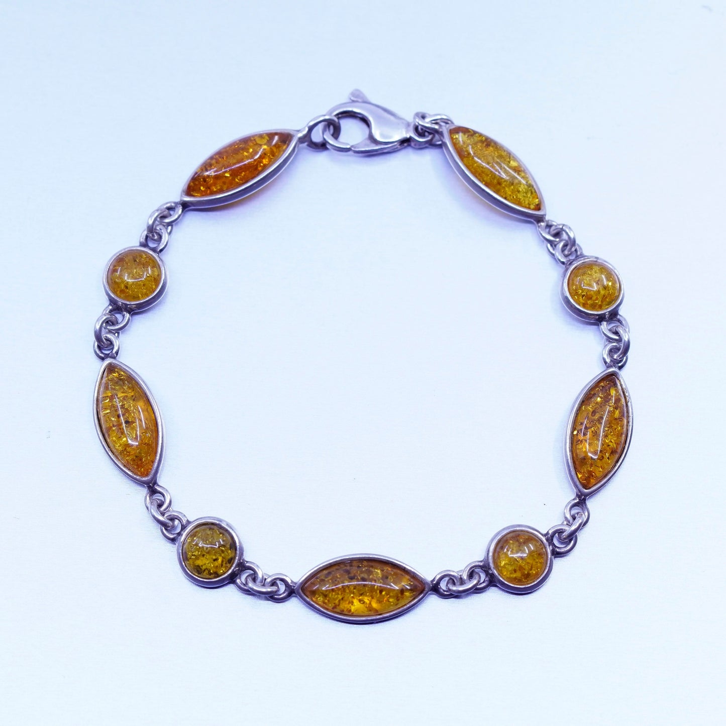 6.75”, Sterling 925 silver handmade tennis bracelet chain with marquise amber