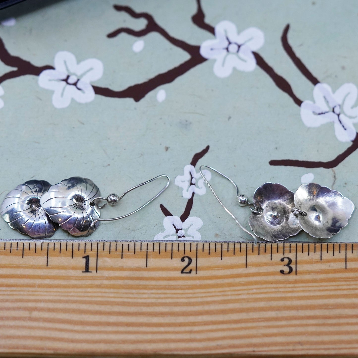 Vintage Sterling silver handmade earrings, geometric drops, leaf drops
