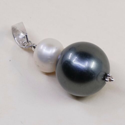 Vintage Sterling Silver Heart Pendant, Solid 925 Silver Black N White Pearl