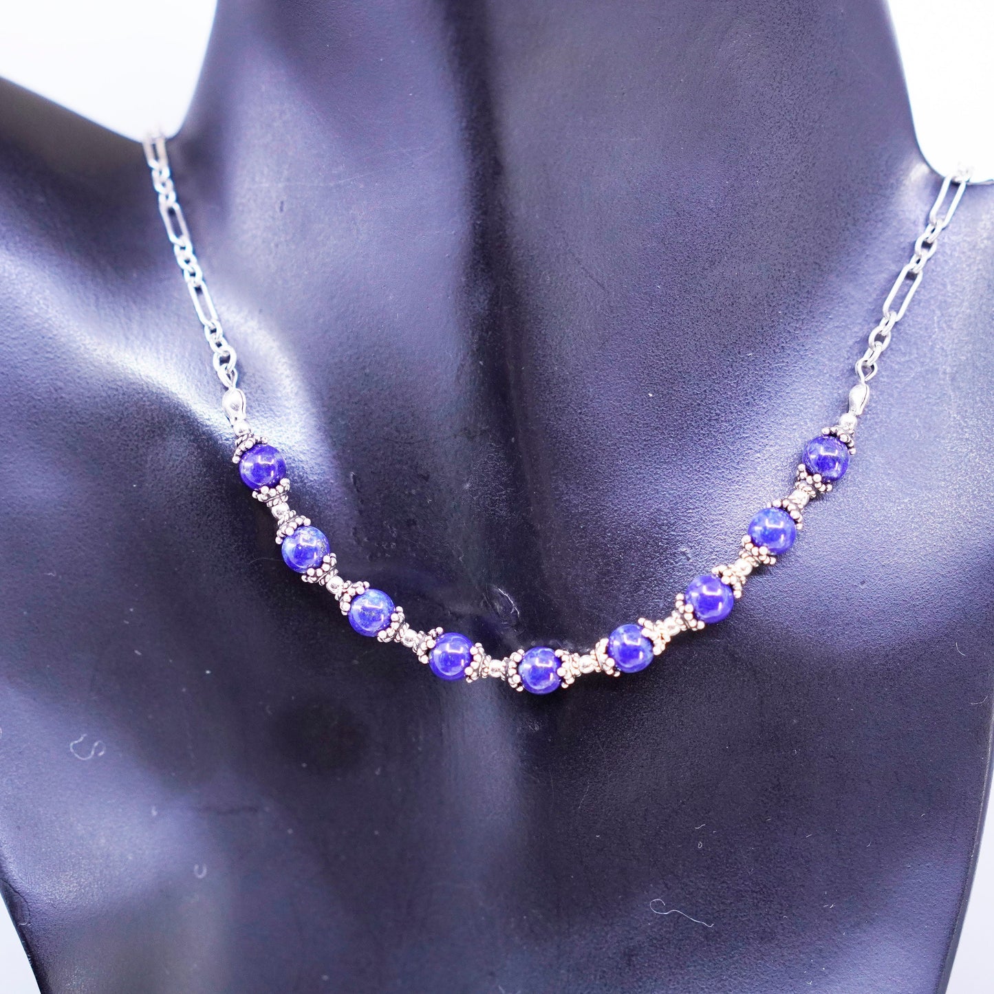 19”, Sterling 925 silver handmade elongated necklace with lapis lazuli beads