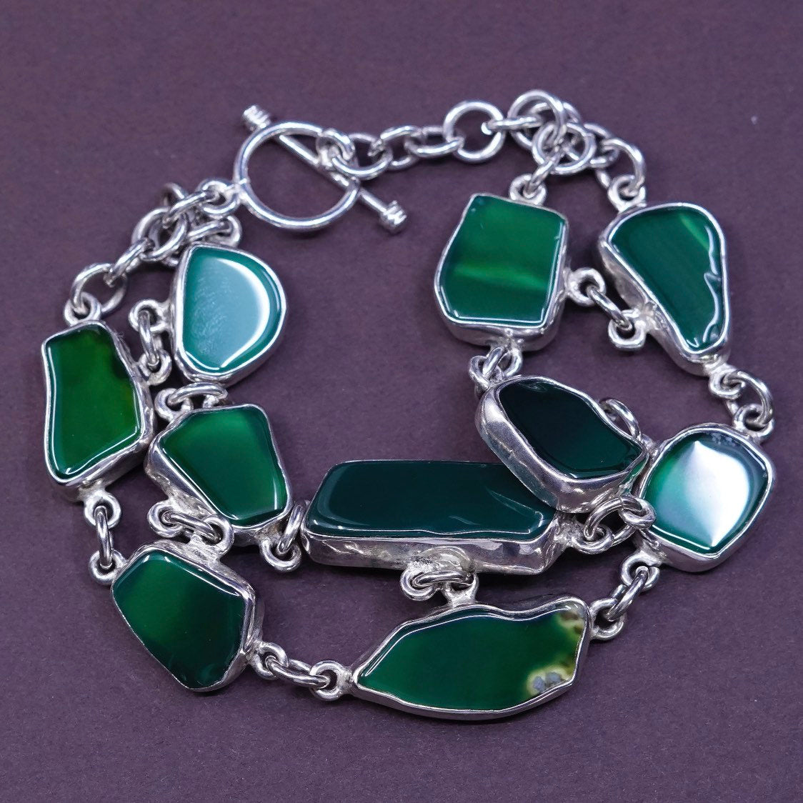 5.75", vtg Sterling silver handmade double strands jade nugget bracelet
