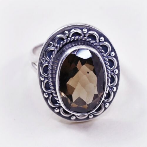 Sz 6.75, Vtg Sterling Silver Handmade Ring, 925 Cocktail Ring W/ Smoky topaz